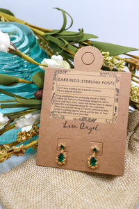 Gold Flower + Green Crystal Drop Earrings