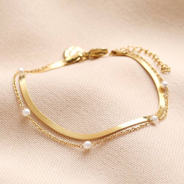 Herringbone + Pearl Double Chain Bracelet