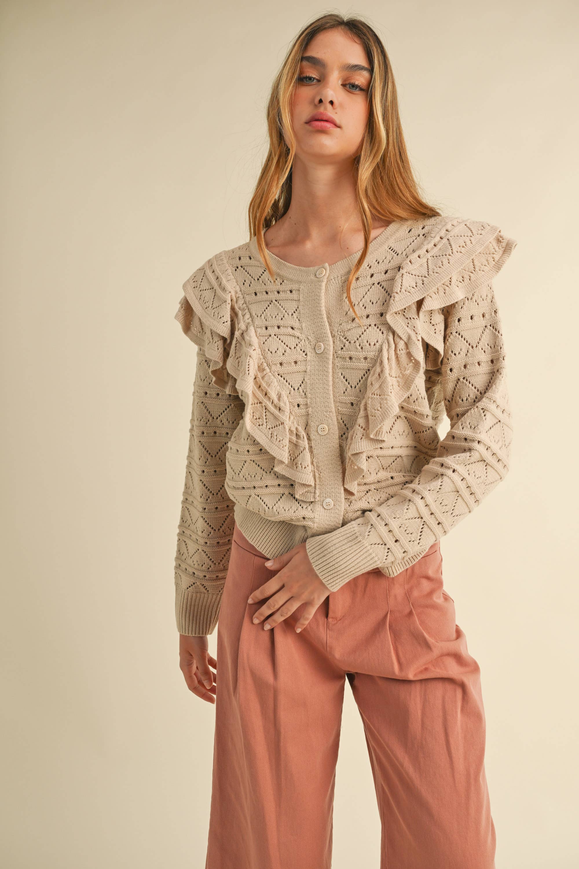 Ruffle Detailed Button-Down Sweater :: S-L