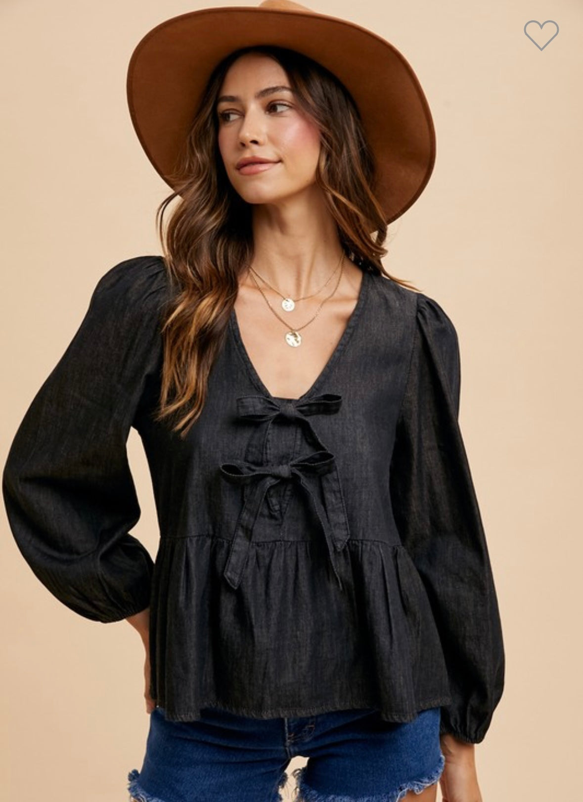 Black Denim Tie Front Blouse :: S-XL