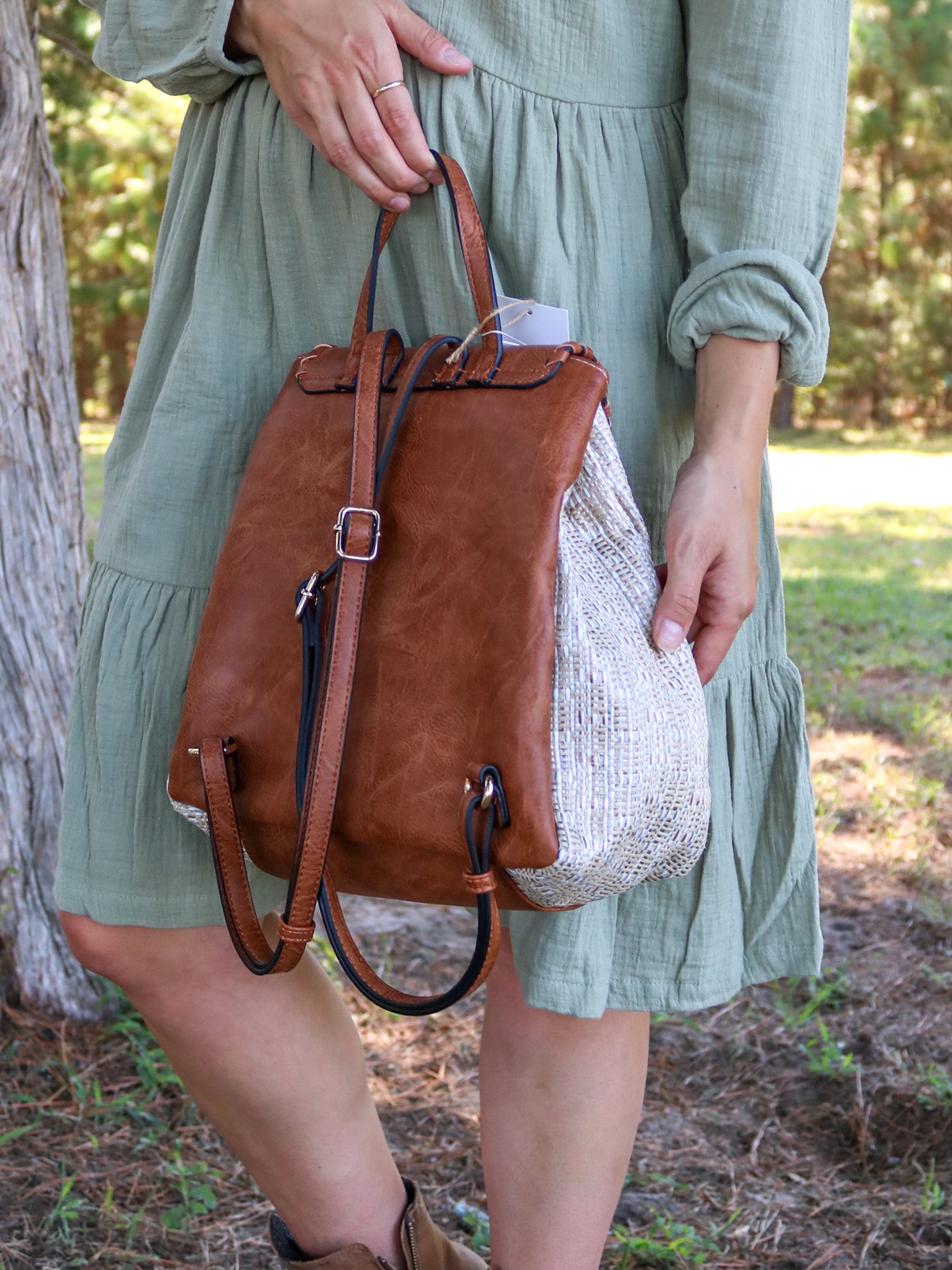 Neutral Straw-Textured Backpack