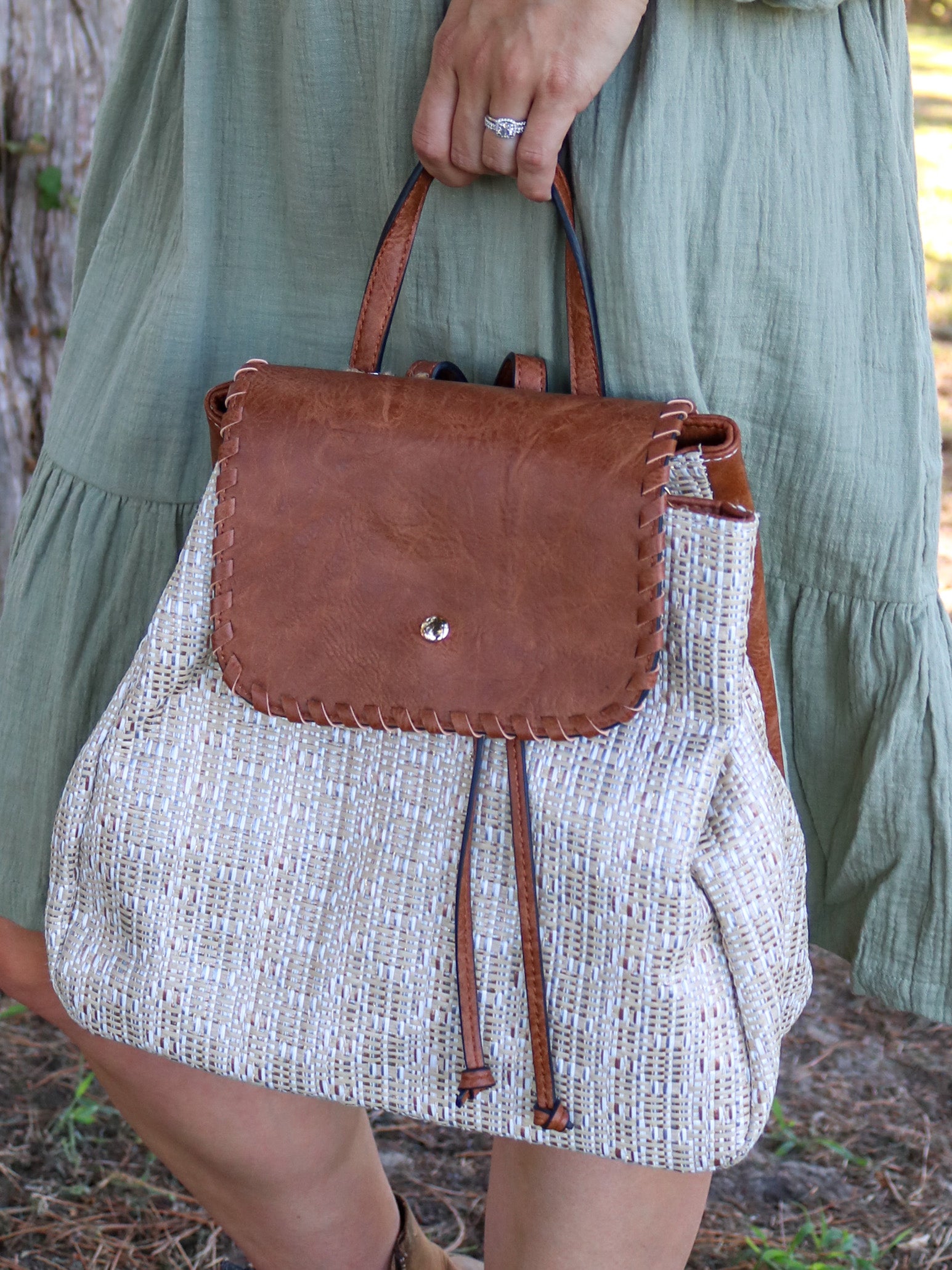 Neutral Straw-Textured Backpack