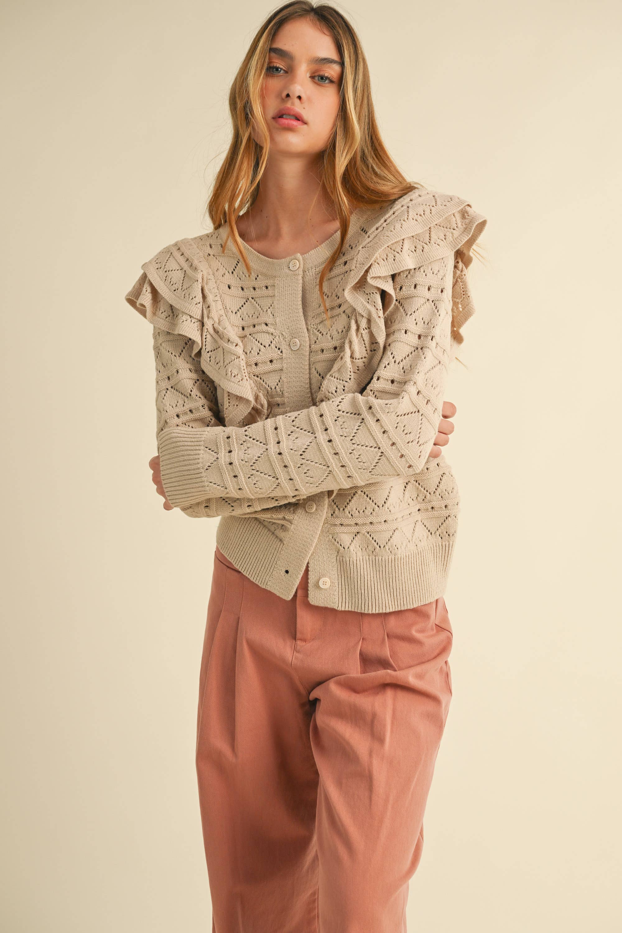 Ruffle Detailed Button-Down Sweater :: S-L