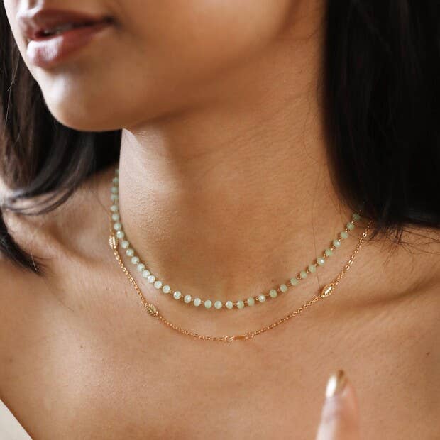 Leaf Chain + Green Beaded Necklace Set