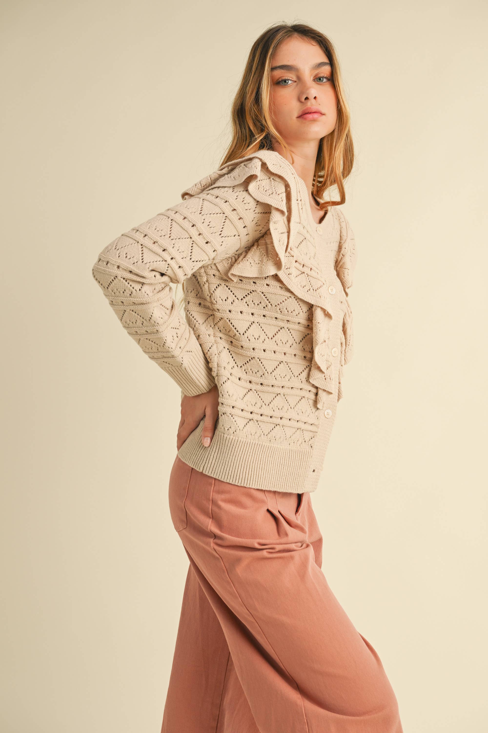 Ruffle Detailed Button-Down Sweater :: S-L