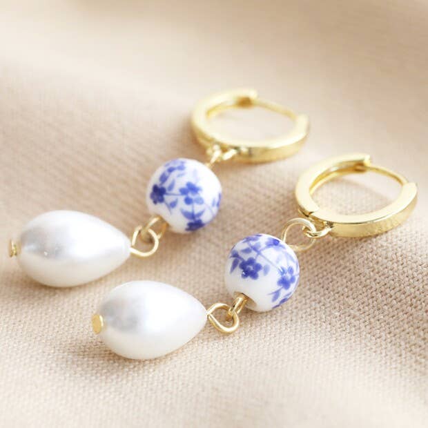 Blue Willow + Pearl Drop Earrings