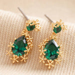 Load image into Gallery viewer, Gold Flower + Green Crystal Drop Earrings

