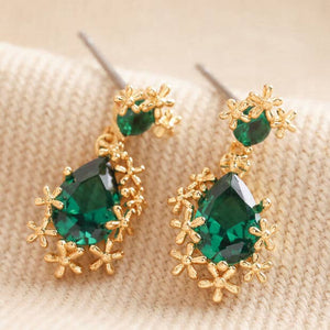 Gold Flower + Green Crystal Drop Earrings