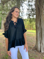 Load image into Gallery viewer, Carson Ruffle Hem Blouse :: Black :: L-1X
